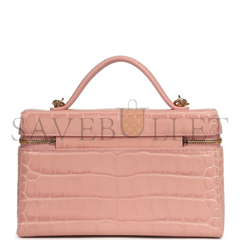 Ch**el MASTER TOP HANDLE LONG VANITY CASE WITH CHAIN PINK CROC EMBOSSED CALFSKIN GOLD HARDWARE (19*14*5cm)